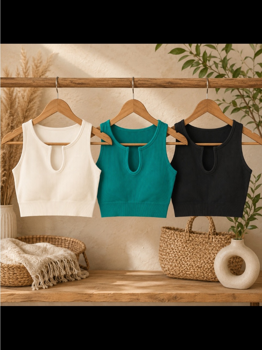 OQQ Ribbed Keyhole Crop Tank - Teal, White, Black